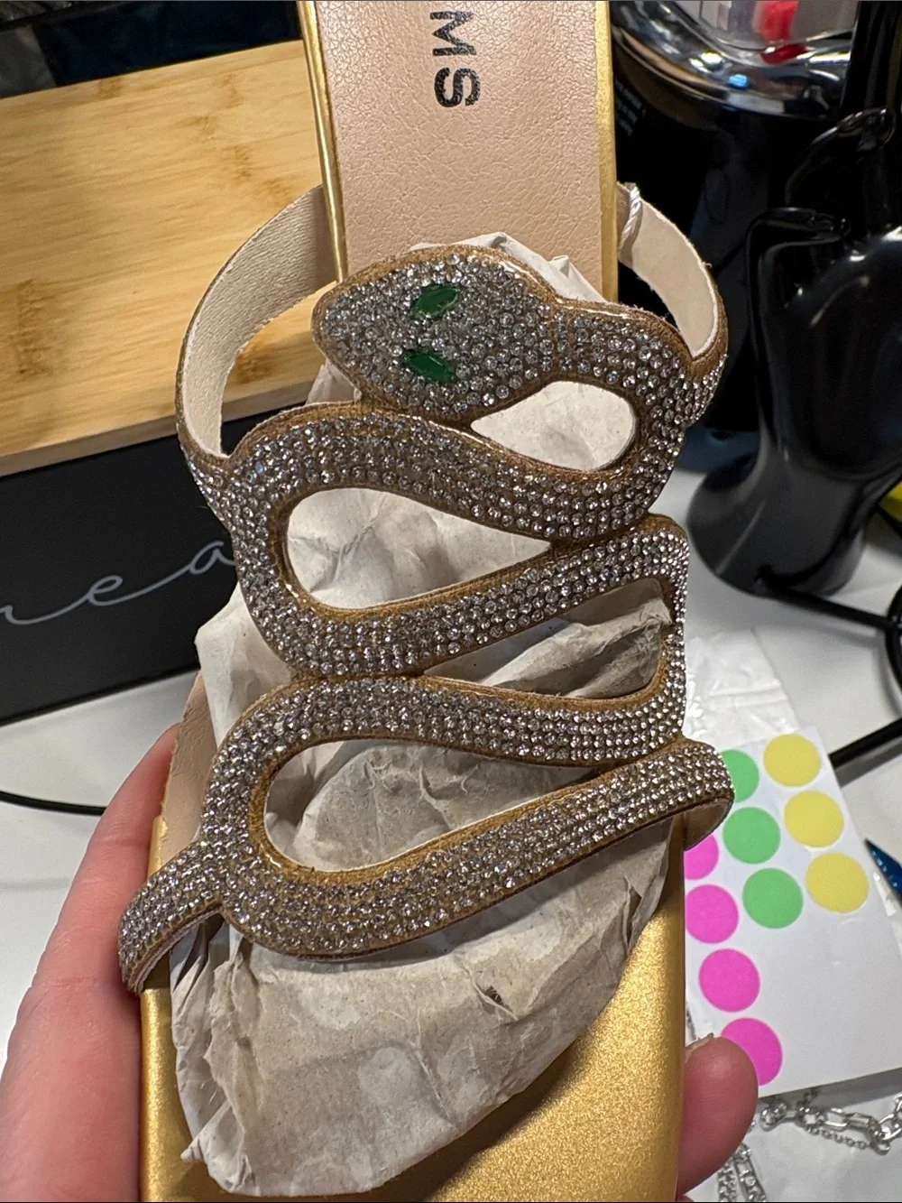 J. Adams Gold Crystal Snake Slide Heels
